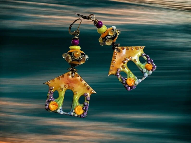 Boucles d'oreilles handmade artisanales, très peu portées en cuivre émaillé, perles en verre filé